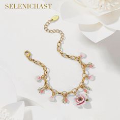 Plating: 18K Gold Materials: 18K Gold on Brass, Enamel Size: Length:6.69"(17cm)+Extender: 2.17"(5.5cm) Weight: 17.9g Hypoallergenic design Simple Gift Wrapping, 18k Gold Chain, Rose Bracelet, Rose Ring, Full Of Love, Enamel Paint, Simple Gifts, Flower Bracelet, Girly Jewelry