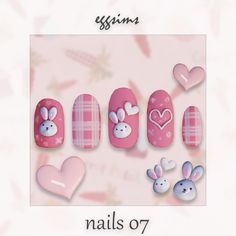 the nails are pink and white with bunny ears on them, while hearts appear to be in the background