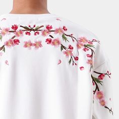 Sakura Embroidered Sweatshirt Spring Crew Neck Tops With Floral Embroidery, White Crew Neck Top With Floral Embroidery, Embroidered Long Sleeve Sweatshirt For Spring, Relaxed Fit Embroidered Crew Neck Top For Spring, Casual Embroidered Top With Crew Neck, Spring Crew Neck Sweatshirt With Embroidered Graphics, Spring Sweatshirt With Embroidered Graphics And Crew Neck, Spring Long Sleeve Sweatshirt With Floral Embroidery, Cotton Crew Neck Top With Embroidered Hem