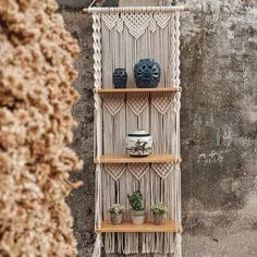 a macrame wall hanging with pots and plants