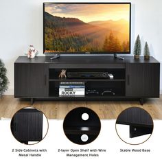 a flat screen tv sitting on top of a wooden entertainment center next to a christmas tree