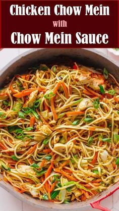 chicken chow mein with chow mein sauce in a skillet