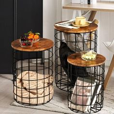 three tables with wire baskets on them in front of a computer desk