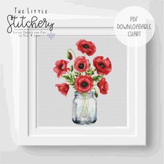 the little stitchery pattern is shown with an image of red flowers in a mason jar