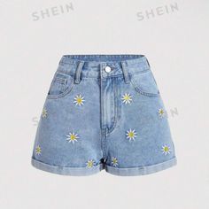 Never Worn Shein Daisy Shorts. Waist Measures ~13.5” Flat. All Flowers Are Embroidered, No Design On Back. Cute Embroidered Blue Bottoms, Casual Embroidered Jean Shorts For Summer, Cute Embroidered Spring Jeans, Trendy Floral Embroidered Denim Blue Bottoms, Trendy Denim Blue Bottoms With Floral Embroidery, Blue Embroidered Denim Shorts, Trendy Blue Bottoms With Floral Embroidery, Embroidered Denim Jean Shorts In Blue, Casual Embroidered Shorts For Spring