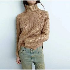 Denise Turtleneck Slim Women Sweater Elegant Textured Knit Long Sleeve Turtleneck, Gold Knit Winter Sweater, Gold Long Sleeve Sweater, Luxury Soft Knit Women's Turtleneck, Luxury Jacquard Knit Turtleneck Sweater, Ripped Women, Ladies Style, What To Wear Fall, Sleeve Women