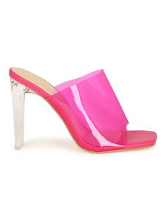 These gorgeous statement mules are a must have for every fashionista. Featuring a vibrant clear pvc detail and stacked heel for that sassy and classy look. Finished with a lightly padded insole and easy slide style.Material: PVC (man-made)Sole: Synthetic Measurement Heel Height: 4” (approx) Trendy Clear Heels For Summer, Chic Clear High Heel Jelly Sandals, Summer Pink Sandals With Clear Strap, Pink Sandals With Clear Strap For Summer, Spring High Heel Jelly Sandals With Clear Strap, Chic Clear Jelly Sandals With Transparent Straps, Trendy Clear Jelly Sandals, Trendy Clear High Heel Jelly Sandals, Trendy High Heel Clear Jelly Sandals