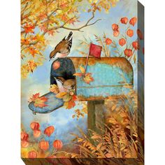 a painting of a bird sitting on top of a blue mailbox in the fall