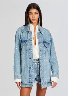 Ace Embellished Denim Jacket Trendy Long Sleeve Outerwear With Studs, Trendy Studded Long Sleeve Outerwear, Trendy Fitted Outerwear With Studs, Embellished Denim Jacket For Parties, Party Denim Jacket With Embellished Long Sleeves, Denim Party Outerwear, Edgy Embellished Long Sleeve Outerwear, Trendy Embellished Long Sleeve Outerwear, Embellished Denim Jacket