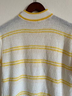 "Vintage striped mock neck sweater short sleeve 60s mod atomic 1960s yellow stripe knit shirt unisex 70s rude boy 1970s vtg Kurt Cobain Sweater  >> Please double check your measurements & compare to these listed below, for accurate sizing. Vintage often runs small, so don't rely on the tag size.  Tag reads: ILGWU UNION MADE  Measurements taken flat/unstretched : *Chest Width, armpit to armpit: approx 22\" (44\" chest)  *Length, from top of shoulder/collar seam: approx 23\"   >> In great vintage Spring Sweater With Contrast Stripes, Knit Sweater With Contrast Stripes For Spring, Spring Knit Sweater With Contrast Stripes, Relaxed Fit Sweater With Contrast Stripes For Spring, Casual Sweater With Vertical Stripes For Fall, Spring Relaxed Fit Sweater With Contrast Stripes, Spring Contrast Stripes Relaxed Fit Sweater, Spring Relaxed Fit Contrast Stripes Sweater, Spring Contrast Stripes Relaxed Sweater