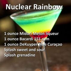 a colorful drink in a martini glass with information about the ingredients and how to make it