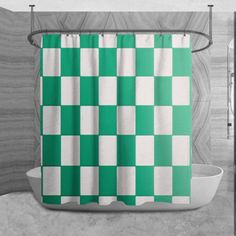 a green and white checkered shower curtain