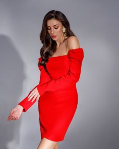 Square Neck Long Sleeve, Tulip Skirt, Red Square, Skirt Mini, Puff Sleeve Dresses, Red Mini Dress, Puffed Sleeves, Long Sleeve Mini, Trendy Accessories