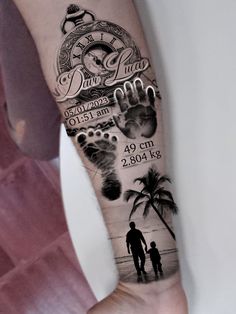 a person with a tattoo on their arm holding a child's hand and palm tree