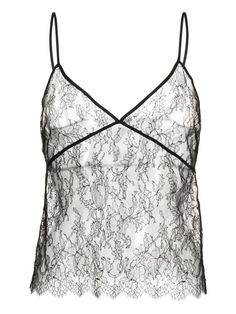 Kiki De Montparnasse floral-lace V-neck Top - Farfetch Spring V-neck Lace Top With Delicate Straps, Fitted V-neck Camisole With Contrast Lace, Delicate Lace V-neck Top, Sheer Lace Camisole Top, Chic Black Tops With Delicate Lace, Chic Camisole With Contrast Lace, Lace V-neck Camisole For Party, Scalloped Lace Sleeveless Camisole, Feminine Lace V-neck Camisole