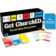 get churched the christian party game is shown in front of its box and contents