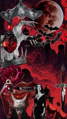 a collage of halloween images including bats, vampires, and blood red paint