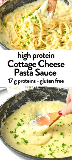 two pictures showing how to make high protein cottage cheese pasta sauce in one pan and the same recipe on the other