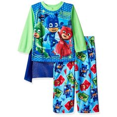 Your little boy will feel just like a hero in this awesome PJ Masks pajamas set! This sleepwear set includes a long sleeve top with matching blue multicolor pajama pants. These pajamas feature sublimated graphics of Disney Junior's PJ Masks characters: Owlette, Gekko, and Catboy! The pajama shirt includes a matching cape that attaches by hook and loop.It's the perfect sleepwear choice for any fan of PJ Masks! This garment is made from flame resistant fabric for you child's safety. Size: 5T.  Col Long Sleeve Pajamas, Character Clothing, Flannel Pants, Long Sleeve And Shorts, Polyester Pants, Cute Pajamas, Matching Pajamas, Boys Pajamas, Sleepwear Sets