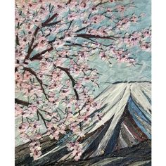 a painting of a mountain with pink flowers on it