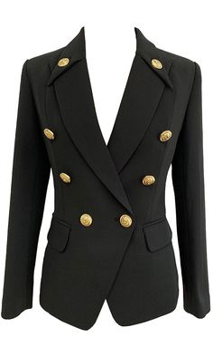 Chic Gold Blazer With Button Closure, Chic Gold Blazer With Buttons, Chic Gold Blazer With Notch Lapel, Chic Formal Blazer With Gold Buttons, Tailored Blazer With Gold Buttons And Notch Lapel, Chic Double-breasted Blazer With Gold Buttons, Chic Office Blazer With Gold Buttons, Elegant Formal Blazer Dress With Gold Buttons, Business Blazer With Gold Buttons And Suit Collar