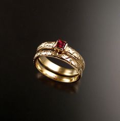 "This pretty wedding set has a nice Victorian antique look. Set with a 3.5mm square natural Ruby Red Spinel from Ceylon. Set in 14k yellow Gold The band is 3.25mm wide and 1.25mm thick. The matching band is 2.5mm wide and 1.25mm thick. Specify your size in a \"note to seller\" at check out." Gold Ruby Princess Cut Ring For Wedding, Wedding Ruby Ring In Princess Cut Yellow Gold, Classic Rectangular Ruby Wedding Ring, Wedding Ruby Ring With Square Cut, Princess Cut Ruby Ring In Yellow Gold For Wedding, Square Cut Bezel Set Wedding Jewelry, Square-cut Ruby Wedding Ring, Elegant Square Cut Ruby Ring For Wedding, Square Cut Ruby Ring For Wedding