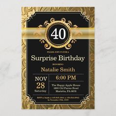 a black and gold birthday party card with the number forty on it's front