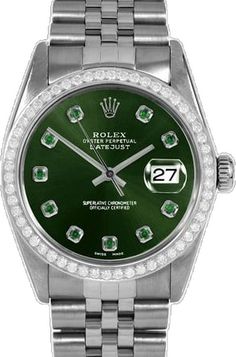 Formal Green Watch Accessories With Date Indicator, Classic Green Round Watch, Formal Green Diamond Watch With Round Dial, Formal Green Watch With Date Display, Green Formal Watch With Date Display, Green Timeless Watch Accessories With Date Display, Timeless Green Watch Accessories With Date Display, Green Automatic Watches, Luxury Green Watch Accessories