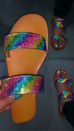 Rainbow - Miracle Shoetique Dressy Wedges, Stylish Flip Flops, Slippers Outfit, Rubber Slippers, Bling Design, Sleep Clothes, Wedges Shoes, Rhinestone Flats, Rhinestone Shoes