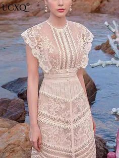 Buy Sweet Long Pleated Lace Embroidery Dress exclusively at GUOCALI Mid Length Lace Dress, Romantic Fashion, Sew Projects, Mens Undershirts, Anna Campbell, فستان سهرة, Blazer Outfits, Styling Ideas, Clothing Ideas