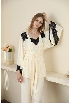 yellow color Sexy Modal Lace Backless Pajama Robe Set Elegant V-neck Loungewear Sets, Elegant V-neck Sleepwear For Relaxation, Elegant Summer Sleepwear For Loungewear, Elegant Summer Loungewear Sleepwear, Elegant Night Sets For Summer, Elegant V-neck Night Sets, Elegant Summer Night Sets, Elegant Lace Trim Sleepwear For Loungewear, Elegant Spring Home Sets