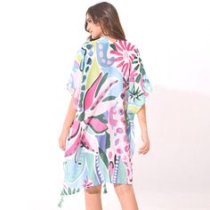 Tropical Blue Kimono Cover-Up with Tassels - Pretty Crafty Lady Shop Sophisticated Coastal, Scarf Coverup, Colorful Scarves, Tropical Luxury, Rebecca Black, Palm Beach Style, Blue Kimono, Kids Scarf, Beach Bar