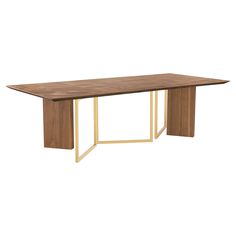 a wooden table with two metal legs and a rectangular top, on a white background