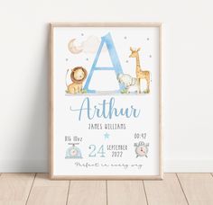 a baby's birth poster with animals on it and the letter a in blue