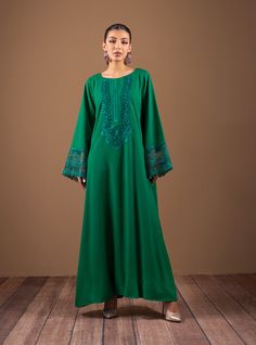 Ethereal Emerald Green Billowy Maxi Dress, Elegant Green Billowy Dress, Elegant Billowy Green Dress, Green Flowy Maxi Length Kaftan, Billowy Green Dress, Elegant Green Spring Abaya, Elegant Green Maxi Length Abaya, Green Maxi Dress With Draped Sleeves, Elegant Green Spring Kaftan