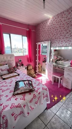 a bedroom with pink walls and flooring has a teddy bear on the bed in it