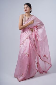 Pink saree with floral border and peacock motifs. Comes with embroidered halter neck, backless blouse. - Aza Fashions Traditional Silk Pre-draped Saree For Summer, Summer Designer Chanderi Saree, Fitted Tussar Silk Saree With Dori Work, Raw Silk Pre-draped Saree With Resham Embroidery, Festive Summer Chanderi Saree, Summer Festive Chanderi Saree, Transitional Season Raw Silk Pre-draped Saree, Saree With Resham Embroidery, Transitional Season Pre-draped Raw Silk Saree