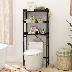 a white toilet sitting next to a shelf filled with items