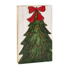 a painting of a green christmas tree with a red bow