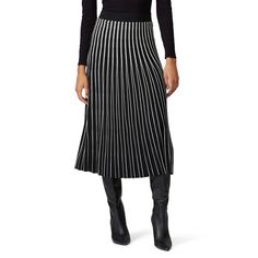 Black & white striped knit (83% Viscose, 17% Spandex). Skirt. 31" from shoulder to hemline. Imported. Elegant Striped Relaxed Skirt, Chic Skirt With Striped Hem And Relaxed Fit, Chic Relaxed Skirt With Striped Hem, Striped Pleated Fitted Skirt, Chic Fitted Skirt With Striped Hem, Elegant Striped Midi Skirt, Striped Fitted Flared Skirt, Striped Pleated Skirt For Work, Pleated Striped Skirt For Work