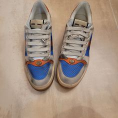 Never Worn Gucci Screeners Comes With Box Blue Gucci Lace-up Sneakers, Gucci Custom Sneakers For Sports, Gucci Blue Round Toe Sneakers, Blue Gucci Sneakers With Branded Insole, Gucci Blue Leather Sneakers, Blue Gucci Sneakers With Round Toe, Blue Gucci Low-top Sneakers, Blue Low-top Gucci Sneakers, Designer Blue Gucci Sneakers