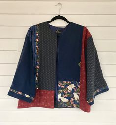 Casual Indigo Patchwork Outerwear, Blue Relaxed Fit Patchwork Outerwear, Indigo Patchwork Outerwear For Spring, Blue Cotton Outerwear With Kimono Sleeves, Indigo Cotton Patchwork Outerwear, Indigo Clothing, Designed Clothes, Collage Prints, Simple Sweater