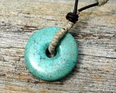 Leather Necklace With Large Turquoise Magnesite Donut And Hemp Cord Choker, Sliding Knot, Handcrafted Leather, Leather Necklace, Leather Cord, Gemstone Pendant, Washer Necklace, Choker, Choker Necklace