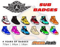 Air Jordan 4 Sneakers Sub Badges. 4 Years of sub badges or bits. Instant download! Contact me with ANY issues! Air Jordan 4 Colorways: Fire Red, Black Cat, Lightning, Toro Bravo, Torrey Pines, Orange Crush, Royal Blue, Hot Pink, Travis Scott, Off-White Sail, Manila, Rainbow Sizes: 72px, 36px, 18px Pink Travis Scott, Twitch Sub Badges, Torrey Pines, Orange Crush, Air Jordan 4, Red Fire, Travis Scott, Manila, Submarine