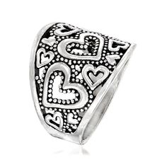 Ross-Simons - Sterling Silver Openwork Heart Ring Size 5. A lovely addition to any jewelry box, this charming ring features openwork hearts shining in textured, polished and oxidized sterling silver. 5/8" wide. Sterling silver openwork heart ring. Size 10 Rings, Oxidized Sterling Silver, Heart Ring, Jewelry Box, Ring Size, Size 7, Size 6, Sterling Silver, Ring