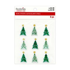 christmas tree stickers with gold stars on each side and green trees in the middle