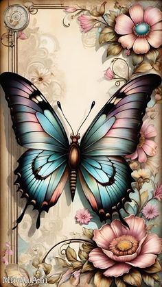 a blue butterfly with pink flowers on it's wings and an ornate frame behind it