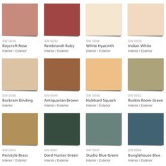 the color chart for an interior paint scheme, with different shades and colors to choose from