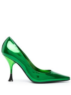 emerald green calf leather patent finish square toe slip-on style 100mm high stiletto heel Green Pumps, Glazed Salmon, Stiletto Heel, Pump Shoes, Rosemary, Emerald Green, Calf Leather, Stiletto Heels, Kitten Heels