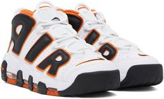 High-top paneled grained leather, buffed faux-leather, and mesh sneakers in white, black, and orange. Perforated detailing throughout. · Swoosh embroidered at toe and tongue · Elasticized straps at lace-up closure · Pull-loop at padded tongue and heel collar · Logo appliqué at sides · Inset Swoosh at heel counter · Terrycloth lining · Air Sole unit at foam rubber midsole · Treaded rubber outsole Please note that this item may be shipped only within North America. Supplier color: White/Starfish/B Orange High-top Streetwear Sneakers With Rubber Sole, Orange High-top Sneakers With Rubber Sole For Streetwear, Nike Orange Pearl, Orange Leather Mid-top Basketball Shoes, Orange Fade-resistant Sneakers For Streetwear, Nike For Men, Mesh Sneakers, Black And Orange, Nike Outfits